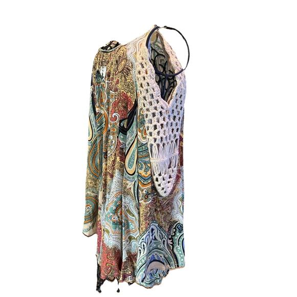 Umgee Cold Shoulder Earth Tones Crochet Sleeve Boho Top Size Medium - Picture 2 of 5